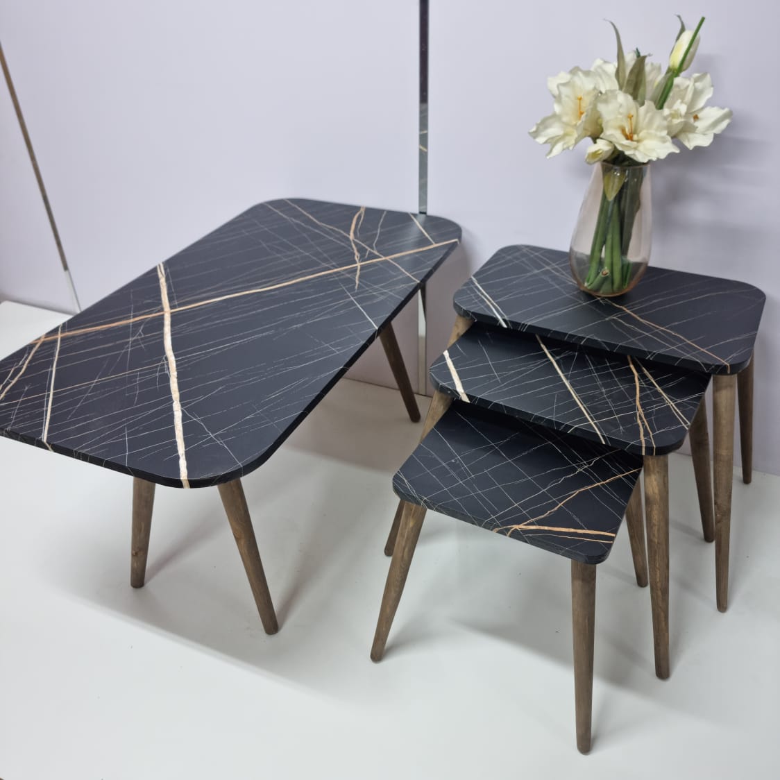 Marno Set – Rectangular Coffee Table + 3 Four-Legged Side Tables – Wooden Legs
