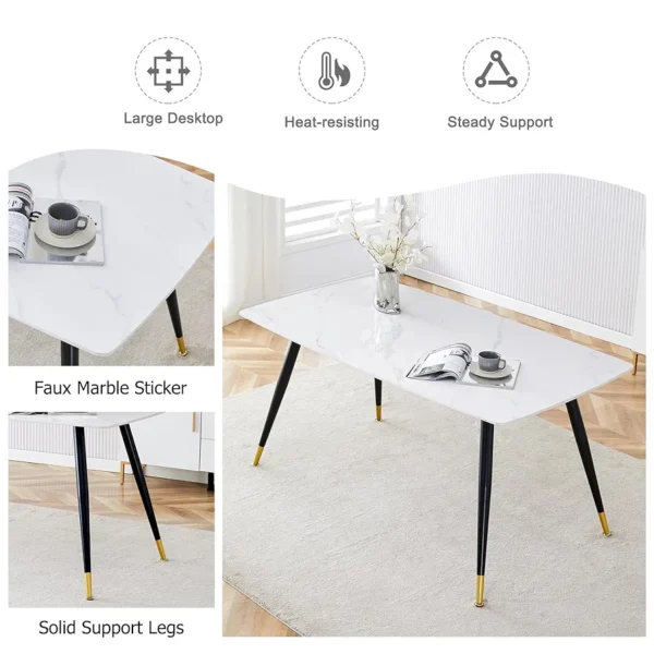 Modern Rectangular Dining Table – Marble Finish Wood Top with Heat-Coated Steel Legs - Image 5