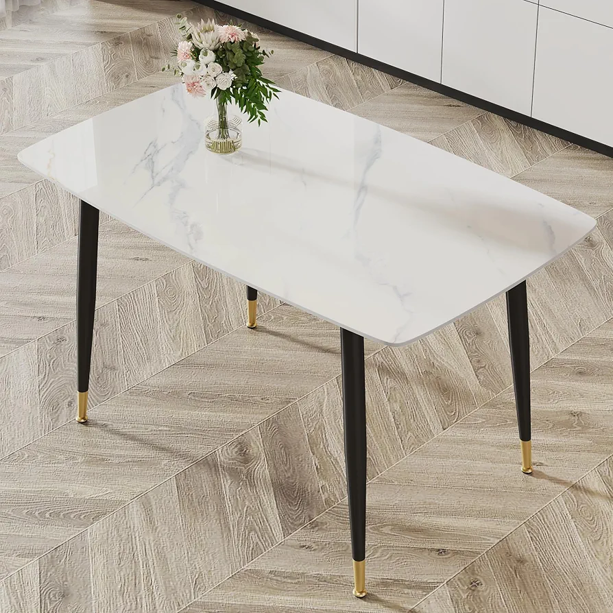 Modern Rectangular Dining Table – Marble Finish Wood Top with Heat-Coated Steel Legs