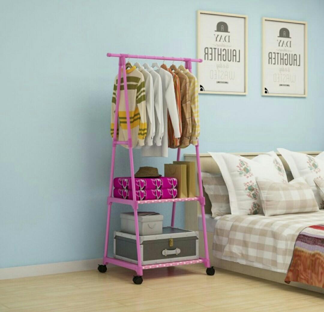 Portable Clothes Rack with Storage Shelves – Pink with Wheels