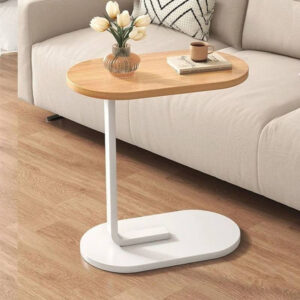 C-Shaped Wooden Side Table with Metal Base – 45×28 cm